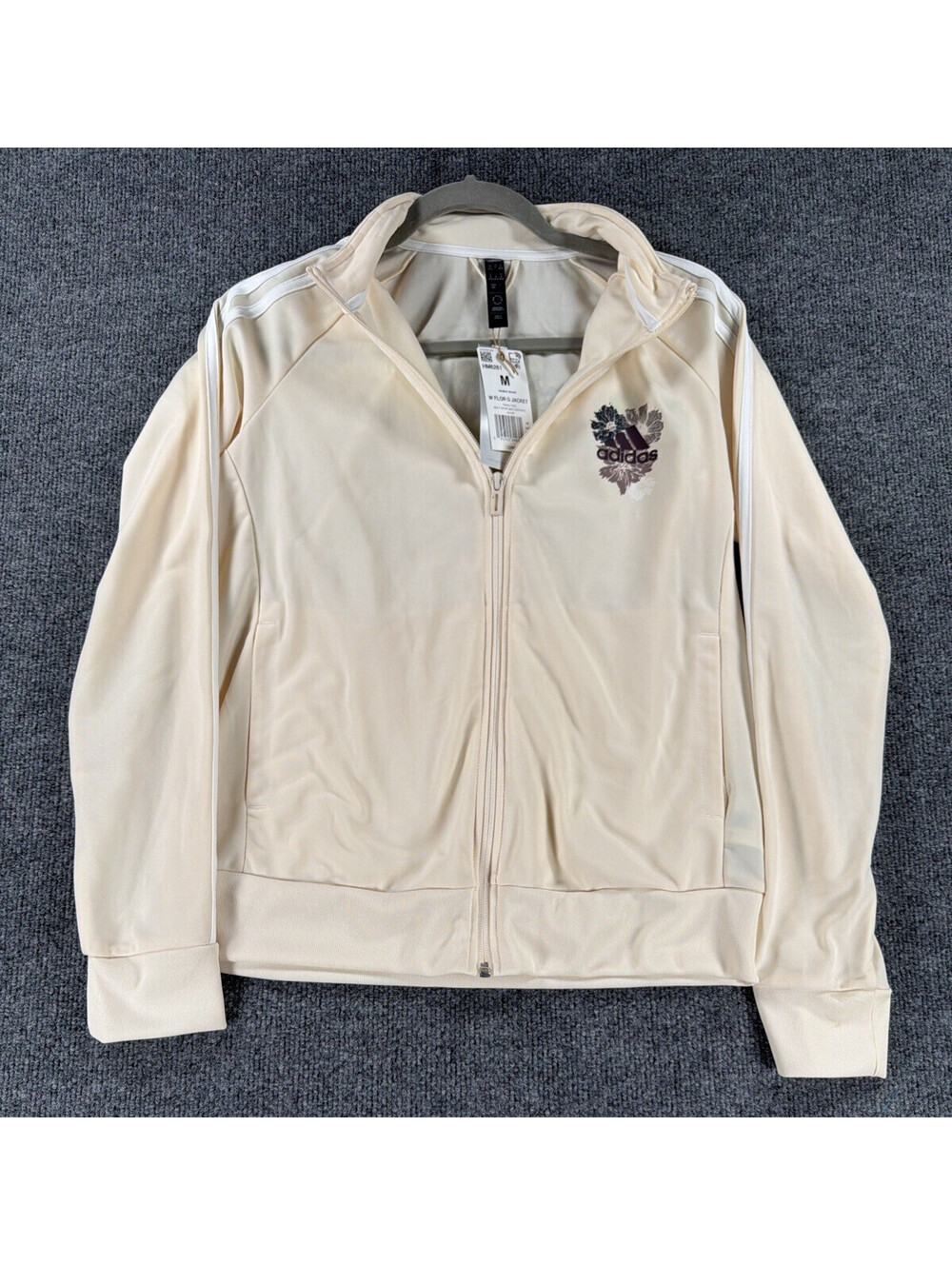 NWT-Adidas Floral Track Jacket Cream/Pink Zip 3 Stripe Athleisure-Women’s Medium